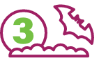 A magenta outline icon showing a flying bat above clouds, with a large green number '3' inside the bubble