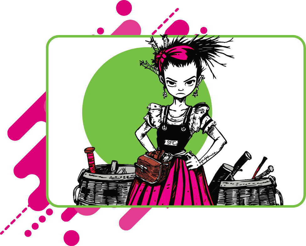 Illustrated punk-style woman with spiked pink-streaked hair, wearing a black 'SFC' apron over a pink skirt, standing between wooden barrels with tools, against a green circle background.