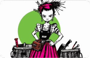 Illustrated punk-style woman with spiked pink-streaked hair, wearing a black 'SFC' apron over a pink skirt, standing between wooden barrels with tools, against a green circle background.