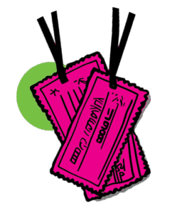 Illustration of two pink event tickets with scalloped edges and black string tags, layered against a green circle background.