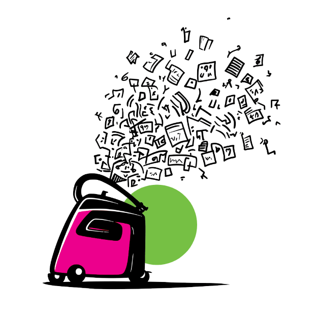 Black and white pen-and-ink illustration of a pink shredder with papers and scraps flying out of the top, set against a green circle background