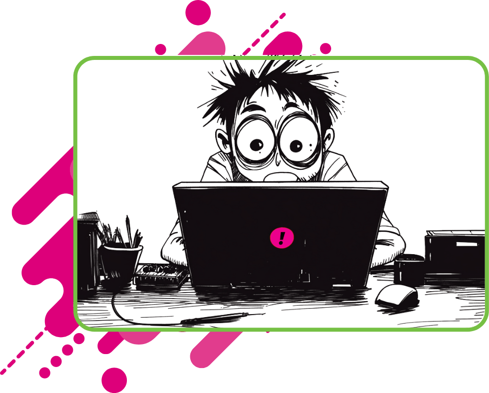 Black and white cartoon illustration of a wide eyed person with messy hair staring at a laptop with a pink exclamation mark sticker, surrounded by desk items including a pen cup, mouse, and small speaker