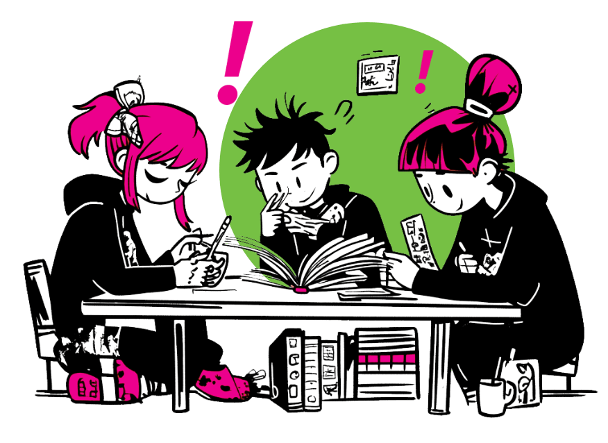Black and white cartoon illustration of three students with pink hair accents sitting at a table studying together with an open book, papers, and books stacked beneath the table, set against a green circle background