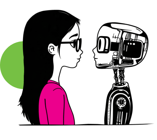 Black and white pen-and-ink illustration of a girl with long dark hair, glasses, and a pink top facing a robot head with visible internal circuitry, set against a green circle background