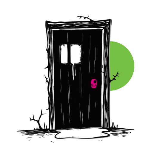 Spooky black wooden door with a small window, a pink doorknob and bare twigs around the frame, in front of a green circle