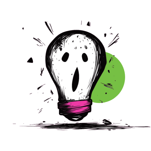 Black and white pen-and-ink illustration of a light bulb with a shocked face and a pink base, surrounded by flying debris, set against a green circle