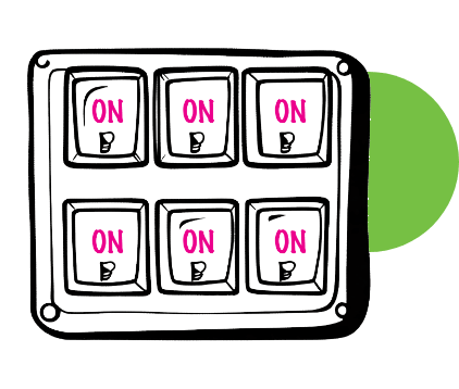 Hand-drawn switch panel with six rocker switches all labeled “ON” in pink, in front of a green circle