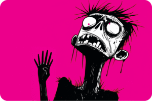 Black and white pen-and-ink illustration of a wide-eyed, open-mouthed zombie-like figure with spiky hair raising one hand, set against a bright pink background