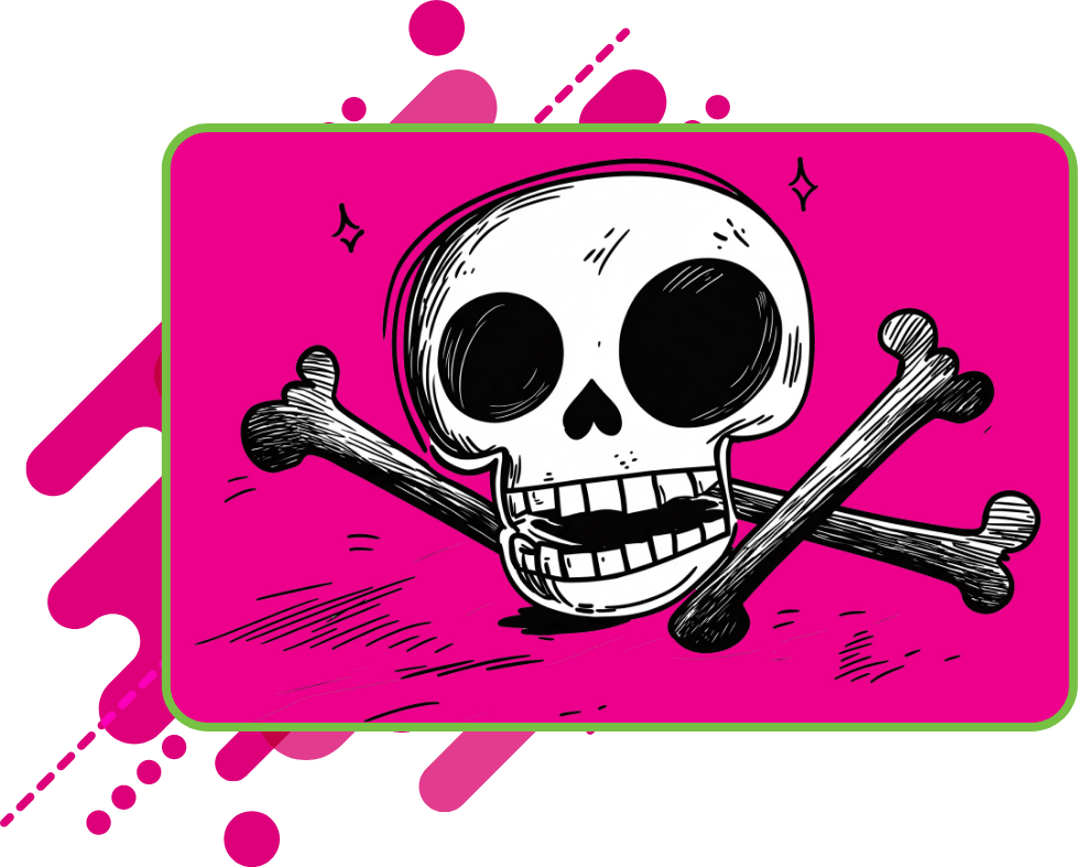 Black and white pen-and-ink illustration of a grinning skull with crossbones and small sparkle accents, set against a bright pink background
