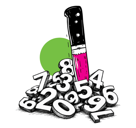 Illustration of a kitchen knife with a pink blade stuck into a pile of white 3D numbers in front of a green circle